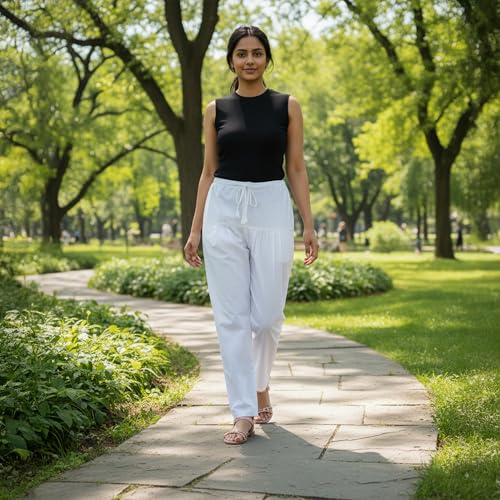 Happy Bunny Salwar Pant for Women, Fine Cotton Ethnic Trousers with Drawstring Waist, Comfortable Daily, Office & Casual Wear Bottoms (2XL, Blanco White) - Image 4
