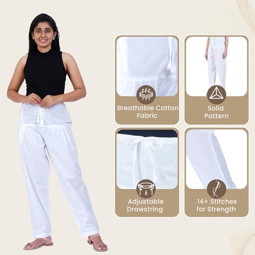 Happy Bunny Salwar Pant for Women, Fine Cotton Ethnic Trousers with Drawstring Waist, Comfortable Daily, Office & Casual Wear Bottoms (2XL, Blanco White) - Image 2