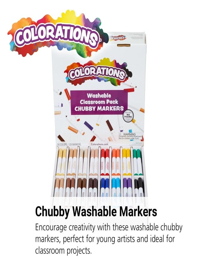 Colorations Washable Classroom Value Pack Chubby Markers - Set of 128, 16 Colors Colors, Non Toxic| Bulk School Supplies For Kids, Coloring Set, Kindergarten Must Haves, Preschool Essentials - Image 2