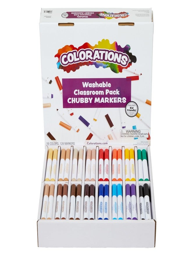Colorations Washable Classroom Value Pack Chubby Markers - Set of 128, 16 Colors Colors, Non Toxic| Bulk School Supplies For Kids, Coloring Set, Kindergarten Must Haves, Preschool Essentials - Image 1