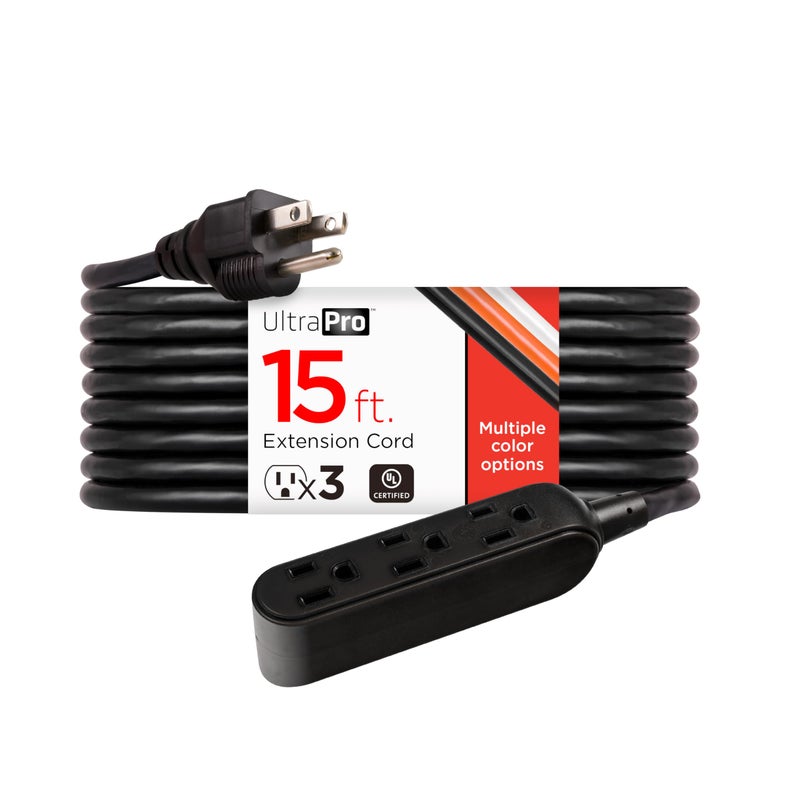UltraPro 15 Ft Indoor Extension Cord 3 Outlet Power Strip Long Extension Cord with Multiple Outlets Grounded Heavy Duty 16 Gauge ETL Listed Black 50786
