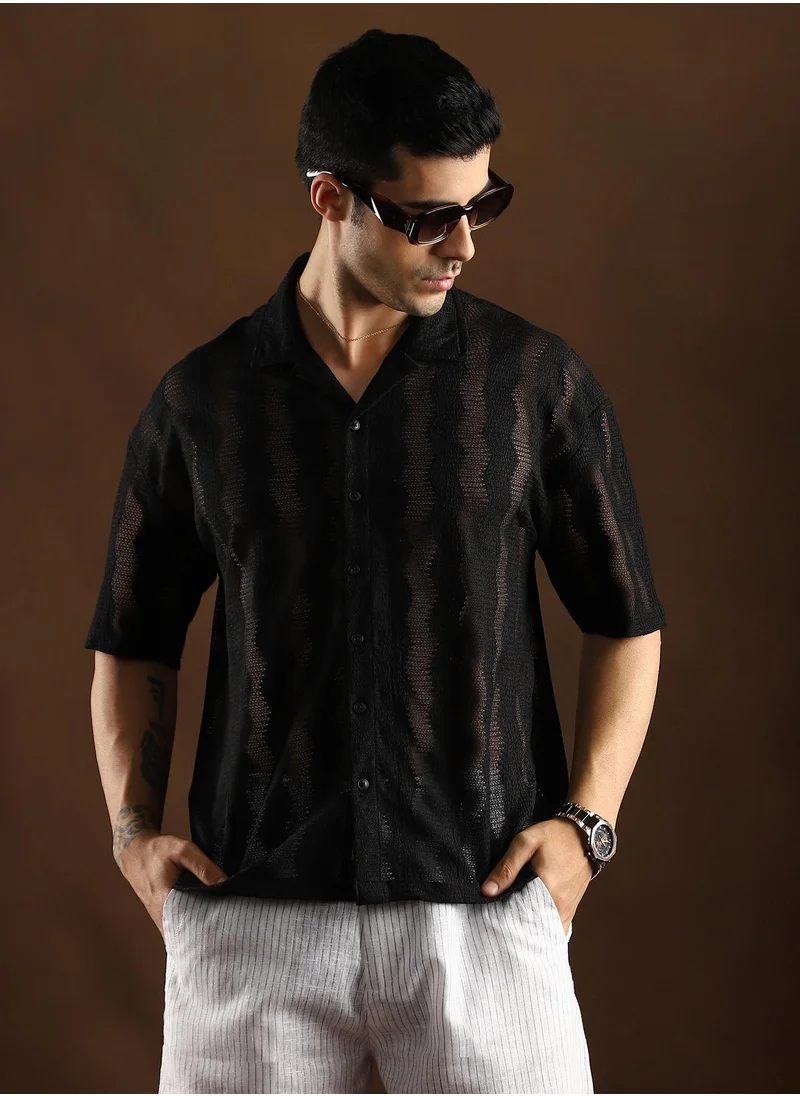 كامبوس سوترا Campus Sutra Men's Onyx Black Swirl Open-Knit Resort Shirt For Casual Wear | Cuban Collar | Short Regular Sleeves | Button Closure | Oversized Shirt Crafted With Comfort Fit For Everyday Wear