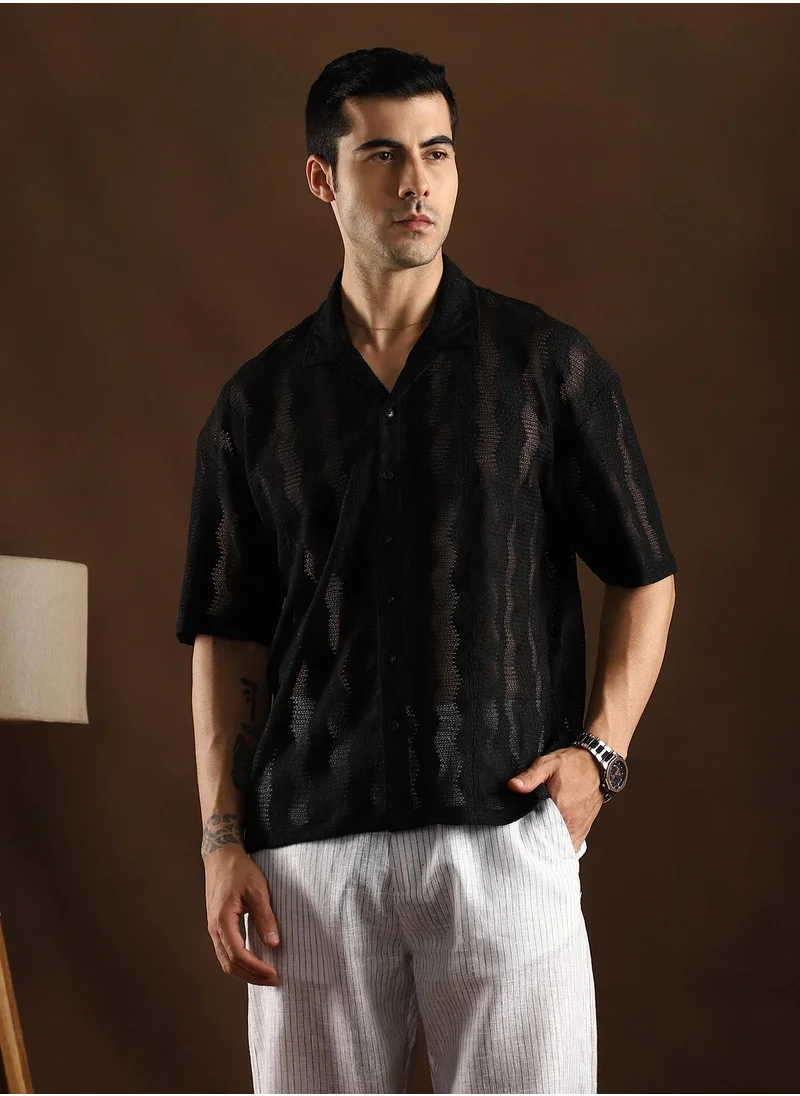 كامبوس سوترا Campus Sutra Men's Onyx Black Swirl Open-Knit Resort Shirt For Casual Wear | Cuban Collar | Short Regular Sleeves | Button Closure | Oversized Shirt Crafted With Comfort Fit For Everyday Wear