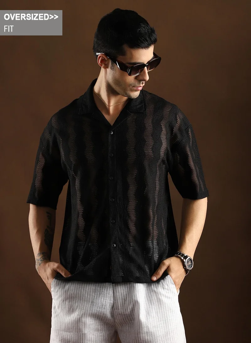 Campus Sutra Campus Sutra Men's Onyx Black Swirl Open-Knit Resort Shirt For Casual Wear | Cuban Collar | Short Regular Sleeves | Button Closure | Oversized Shirt Crafted With Comfort Fit For Everyday Wear