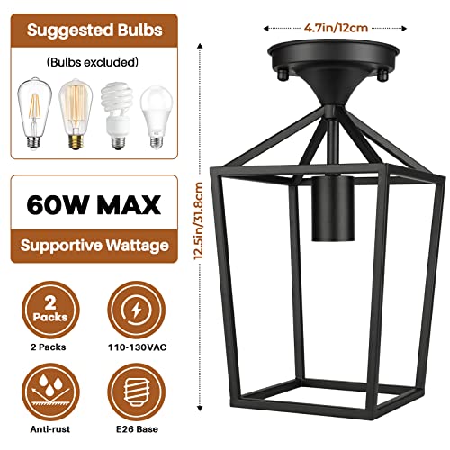 BesLowe 2-Pack Farmhouse Semi Flush Mount Ceiling Light Fixtures for Hallway, Industrial Close to Ceiling Lighting for Entryway Kitchen Foyer Laundry, Black - Image 3