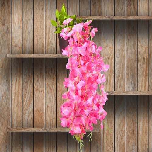 Tdas Artificial Flowers Plants with Pot Leaves Hanging Ivy Garlands Plant Greenery Vine Creeper Home Decor Door Wall Balcony Decoration Party Temple Festival Craft - 1 Pcs (Dark Pink) - Image 1