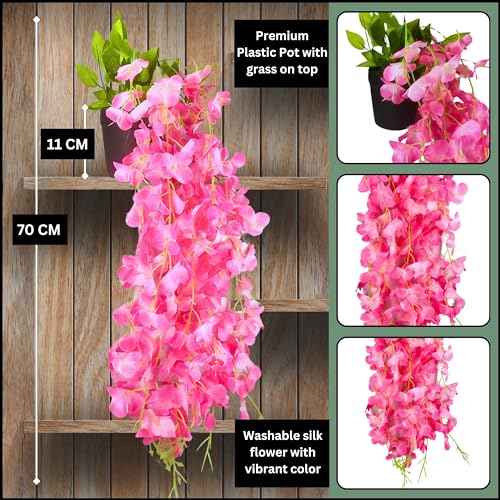 Tdas Artificial Flowers Plants with Pot Leaves Hanging Ivy Garlands Plant Greenery Vine Creeper Home Decor Door Wall Balcony Decoration Party Temple Festival Craft - 1 Pcs (Dark Pink) - Image 2