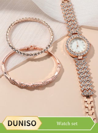 3 Pieces of Rhinestone watch set, women's round quartz crystal watch, alloy watch, with two bracelets, diamond decorative design - view 2