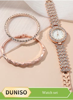 DUNISO 3 Pieces of Rhinestone watch set, women's round quartz crystal watch, alloy watch, with two bracelets, diamond decorative design  - Image 1