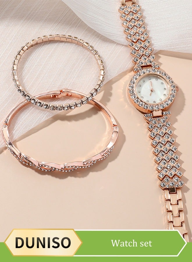DUNISO 3 Pieces of Rhinestone watch set, women's round quartz crystal watch, alloy watch, with two bracelets, diamond decorative design  - Image 1