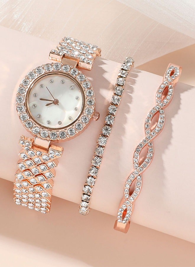 DUNISO 3 Pieces of Rhinestone watch set, women's round quartz crystal watch, alloy watch, with two bracelets, diamond decorative design  - Image 3