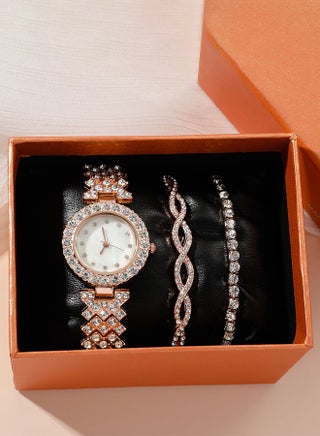 3 Pieces of Rhinestone watch set, women's round quartz crystal watch, alloy watch, with two bracelets, diamond decorative design - view 5