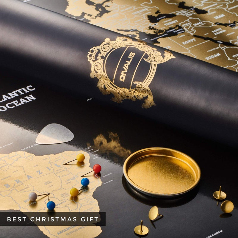 Divalis خريطة العالم القابلة للخدش بالتفصيل - XL - خريطة العالم القابلة للخدش باللونين الأسود والذهبي - ملصق سفر لامع ومغلف - مجموعة كاملة من الملحقات - أفضل هدية خريطة العالم القابلة للخدش من ديفاليس - Image 5