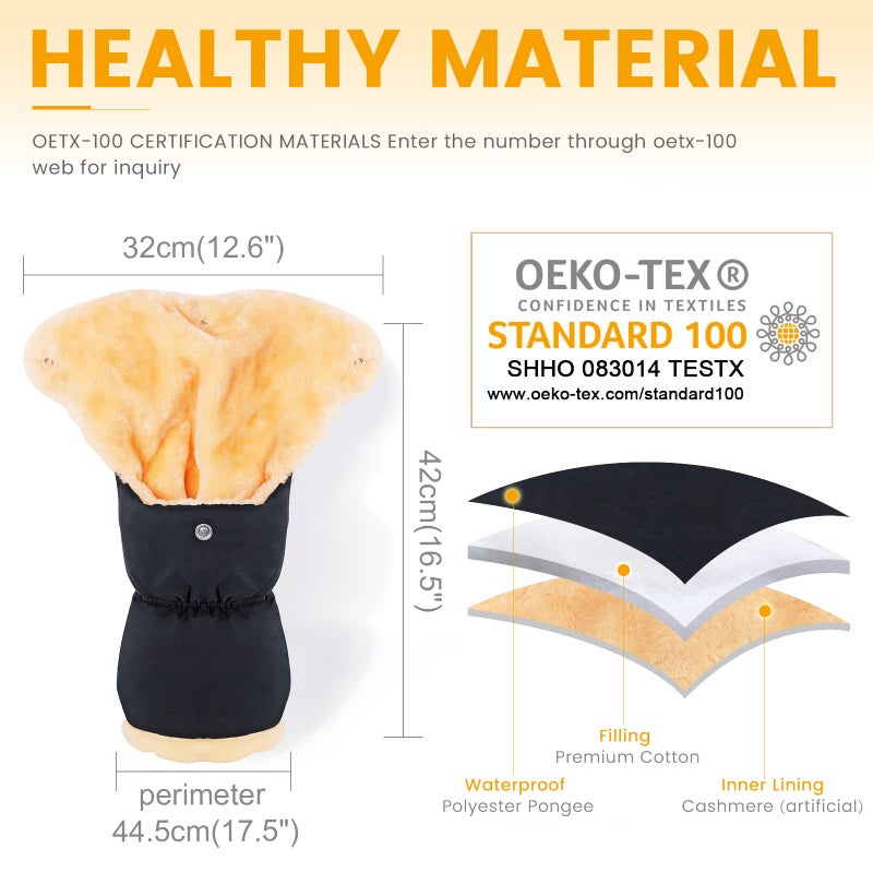 Orzbow Faux Sheepskin Stroller Gloves, Universal Winter Anti-Freeze Stroller Mittens, Waterproof Extra Thick Hand Muff for Cold Weather, Cozy & Warm, Black - Image 3