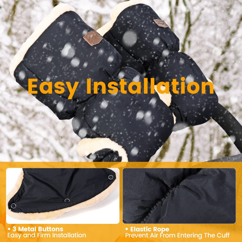 Orzbow Faux Sheepskin Stroller Gloves, Universal Winter Anti-Freeze Stroller Mittens, Waterproof Extra Thick Hand Muff for Cold Weather, Cozy & Warm, Black - Image 2