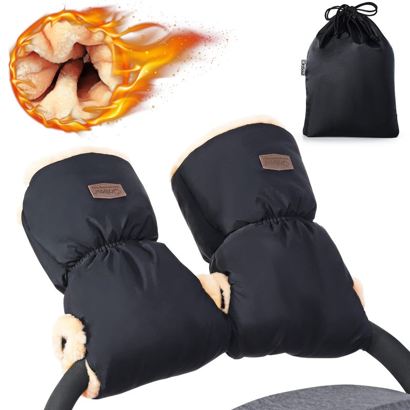 Orzbow Faux Sheepskin Stroller Gloves, Universal Winter Anti-Freeze Stroller Mittens, Waterproof Extra Thick Hand Muff for Cold Weather, Cozy & Warm, Black - Image 1