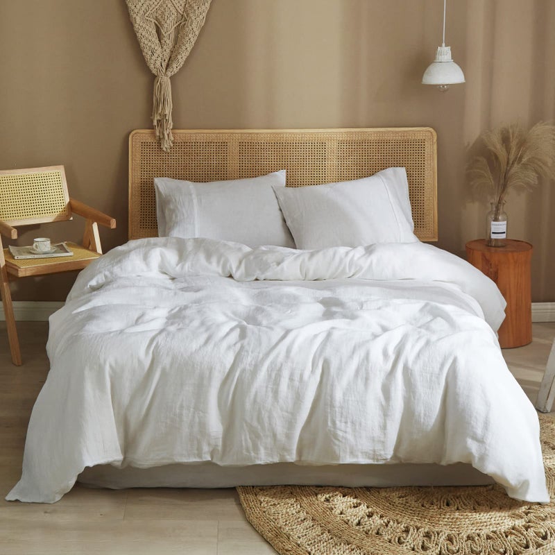 Ivellow Bed Linen Set 100 Pure French Linen Duvet Cover Queen 3Pcs 1 Duvet Cover 2 Pillowcases Off White