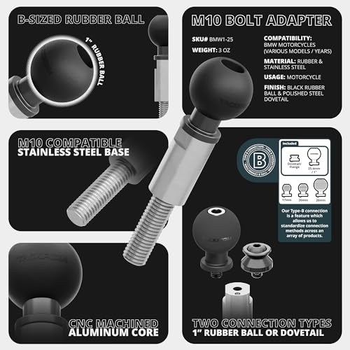Tackform Motorcycle Stainless Steel M10 Handlebar Bolt Ball Mount | 25.4mm/1”/B-Sized Rubber Ball | Compatible with RAM, ARKON, and BMW K1600 GT/GTL, R1200 RT, and R1250 RT (Year Specific) - Image 3