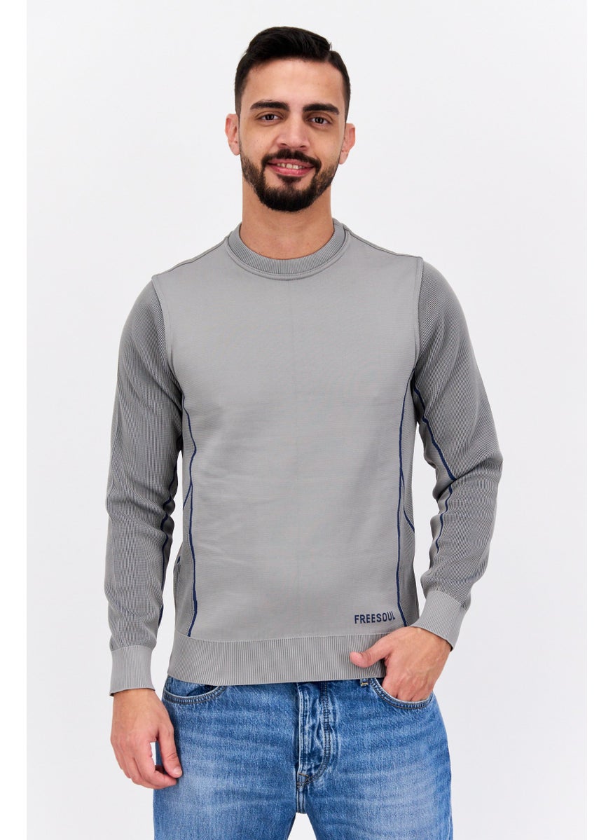 Free Soul Men Crew Neck Textured Long Sleeves Sweatshirt, Grey  - Image 1