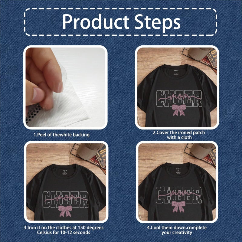 PLIGREAT Cheer Mom Rhinestone Iron on Hotfix Heat Transfer Decal, Glitter Bow Iron on Patches Clothing Repair Appliques for DIY Jackets T-Shirts Pants Bags Tailors Shop Supplies - Image 3