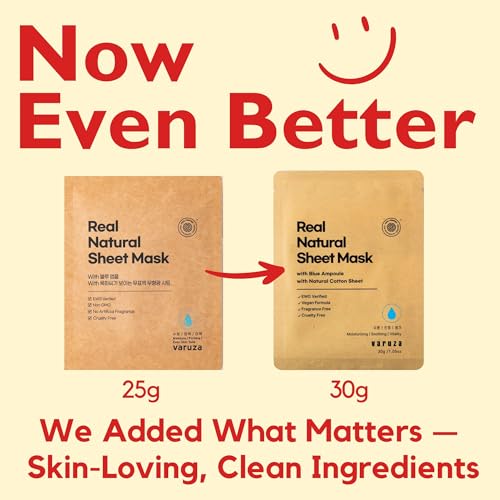 varuza] Real Natural Sheet Mask – EWG VERIFIED, Vegan Face Mask for Hydration, Non-GMO, No Artificial Fragrance, Made in Korea (5 PACK, BLUE AMPOULE) - Image 2