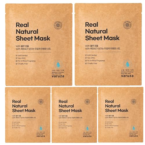 varuza] Real Natural Sheet Mask – EWG VERIFIED, Vegan Face Mask for Hydration, Non-GMO, No Artificial Fragrance, Made in Korea (5 PACK, BLUE AMPOULE) - Image 1