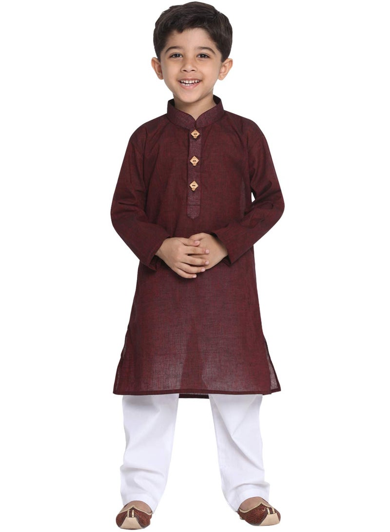 JBN Creation Boys Pure Cotton Garnet Maroon and White Kurta Pyjama Set - Ethnic Elegance for Festivals | Comfortable Traditional Pure south handloom cotton kurta pyjama for Kids_JBNBK070MAnPWH_30L - Image 1