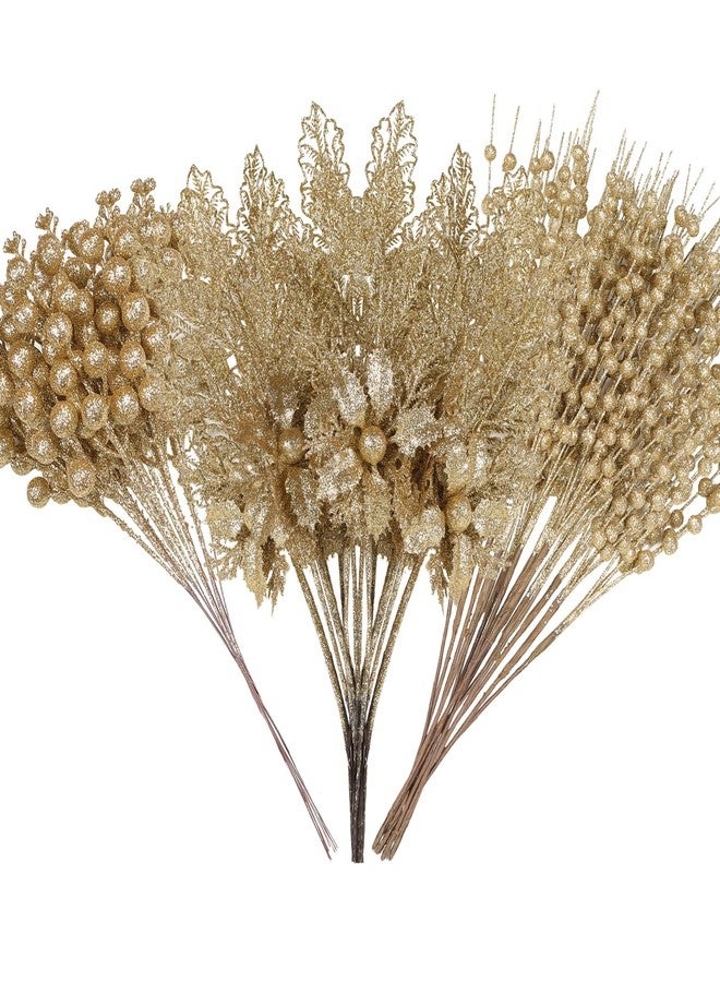 Alupssuc 24 Pcs 3 Styles Glitter Christmas Tree Picks and Holly Berry Stems Christmas Decorations Set, Poinsettia Flowers Artificial for Xmas Tree Ornaments or Party Wreath Fireplace, Gold - Image 1