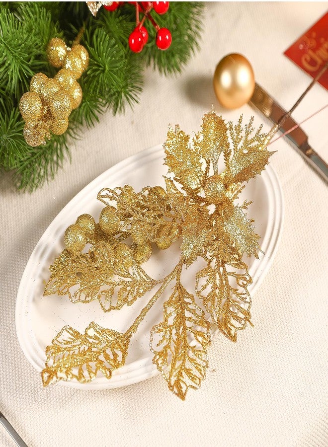 Alupssuc 24 Pcs 3 Styles Glitter Christmas Tree Picks and Holly Berry Stems Christmas Decorations Set, Poinsettia Flowers Artificial for Xmas Tree Ornaments or Party Wreath Fireplace, Gold - Image 4