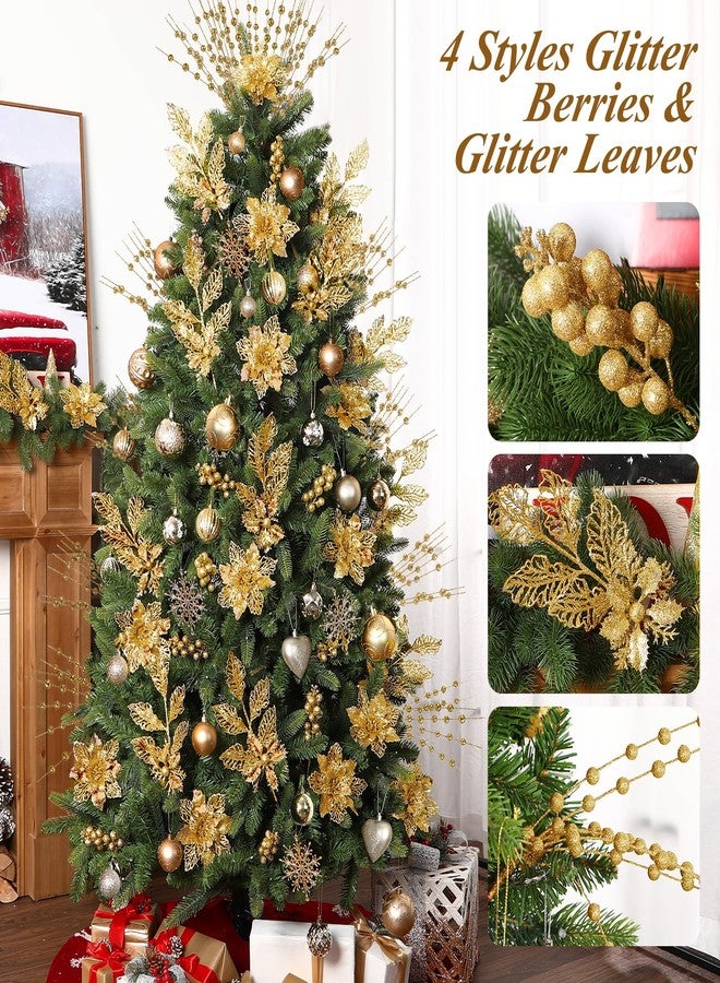 Alupssuc 24 Pcs 3 Styles Glitter Christmas Tree Picks and Holly Berry Stems Christmas Decorations Set, Poinsettia Flowers Artificial for Xmas Tree Ornaments or Party Wreath Fireplace, Gold - Image 5