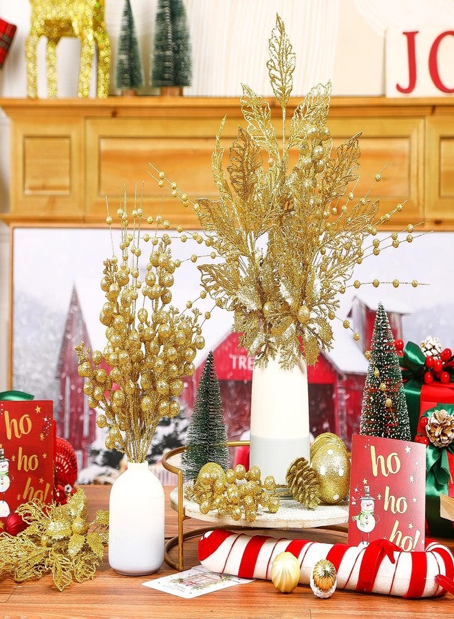Alupssuc 24 Pcs 3 Styles Glitter Christmas Tree Picks and Holly Berry Stems Christmas Decorations Set, Poinsettia Flowers Artificial for Xmas Tree Ornaments or Party Wreath Fireplace, Gold - Image 3
