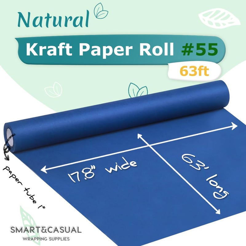 SMART&CASUAL 17.8" x 760" (63') Blue Kraft Craft Paper Roll for Gift Wrapping Bulletin Board Bouquet Flower Kids Art Packing Parcel Table Covering 80GSM 55LB (Blue, 17.8" x 63') - Image 2