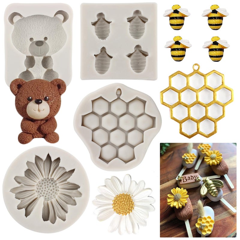MYPRACS Bumble Bee Silicone Mold Honeycomb Fondant Molds Bear Fondant Mold Chrysanthemum Flower Chocolate Mold For Sugar Cake Decoration Cupcake Topper Candy Polymer Clay Gum Paste Set Of 4 - Image 1