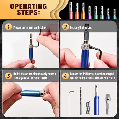 Canitu 17Pcs Colorful Self Centering Drill Bit Set 1/4" Hex Shank VIX Bit,5/64-1/4” Quick Change Hinge Center Drill Bits with 1 Hex Key & 8 Drill Bits for Woodworking Metal Wood Cabinet Window Door - Image 3