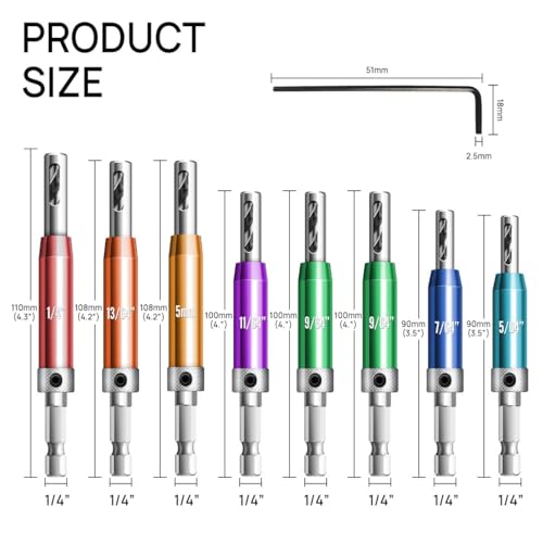 Canitu 17Pcs Colorful Self Centering Drill Bit Set 1/4" Hex Shank VIX Bit,5/64-1/4” Quick Change Hinge Center Drill Bits with 1 Hex Key & 8 Drill Bits for Woodworking Metal Wood Cabinet Window Door - Image 2