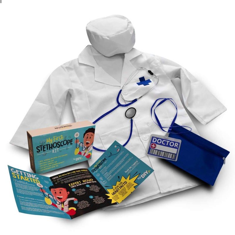 DIY jr My First Stethoscope Doctors Kit Includes Kid Sized Stethoscope Lab Coat Surgical Cap Name Tag Lanyard and Information Booklet - Image 2