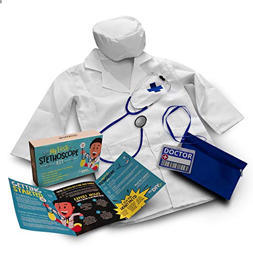 DIY jr My First Stethoscope Doctors Kit Includes Kid Sized Stethoscope Lab Coat Surgical Cap Name Tag Lanyard and Information Booklet - Image 1