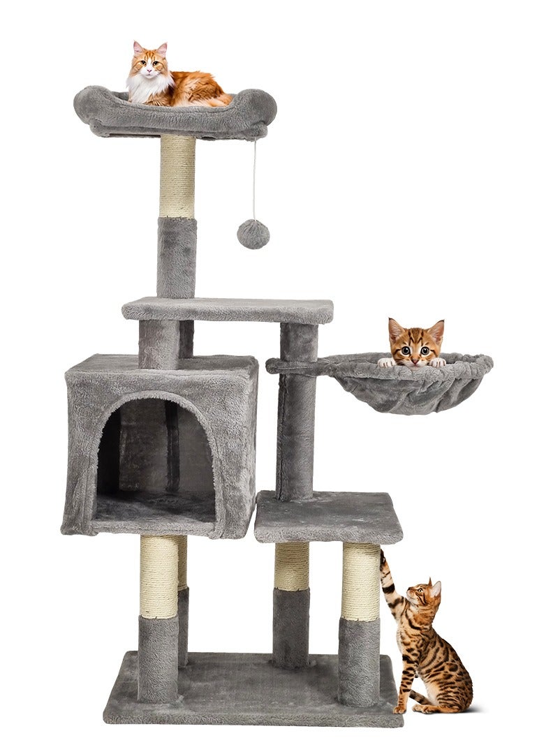 MAJIBAO Cat tree tower for indoor cats and kittens with Soft perch, Cozy hammock, Dangling ball, Spacious cat condo, and Sisal scratching post, Multi-level cat climbing frame 110 cm (Grey) - Image 1