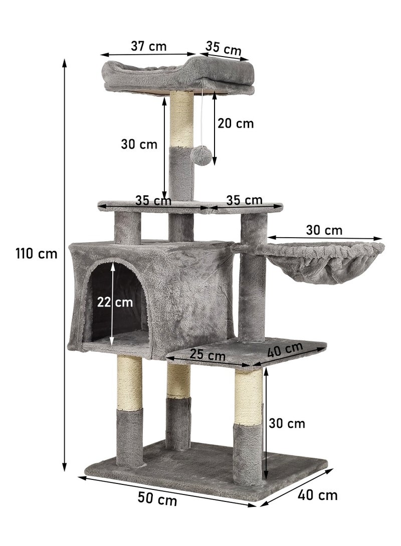 MAJIBAO Cat tree tower for indoor cats and kittens with Soft perch, Cozy hammock, Dangling ball, Spacious cat condo, and Sisal scratching post, Multi-level cat climbing frame 110 cm (Grey) - Image 2
