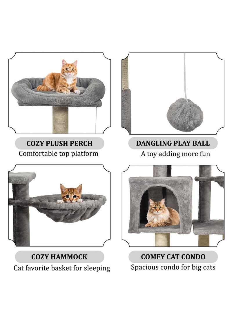 MAJIBAO Cat tree tower for indoor cats and kittens with Soft perch, Cozy hammock, Dangling ball, Spacious cat condo, and Sisal scratching post, Multi-level cat climbing frame 110 cm (Grey) - Image 3