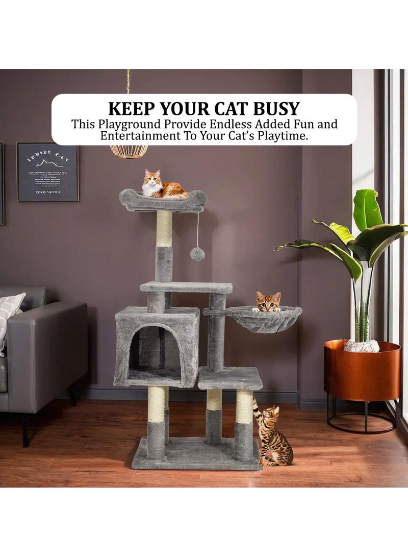 MAJIBAO Cat tree tower for indoor cats and kittens with Soft perch, Cozy hammock, Dangling ball, Spacious cat condo, and Sisal scratching post, Multi-level cat climbing frame 110 cm (Grey) - Image 4