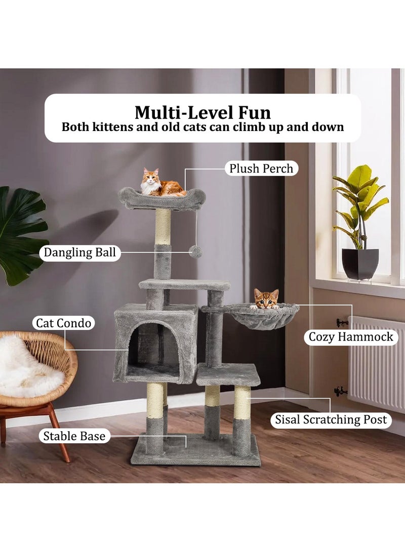 MAJIBAO Cat tree tower for indoor cats and kittens with Soft perch, Cozy hammock, Dangling ball, Spacious cat condo, and Sisal scratching post, Multi-level cat climbing frame 110 cm (Grey) - Image 5