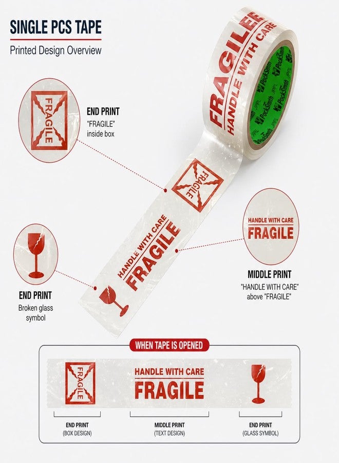 ELATAPES Fragile Tape, 2-Inch x 65 Meter - Pack of 6 Rolls, ‘Handle with Care’ Printed Adhesive Tape for Safe Packaging, E-Commerce & Moving - Image 2