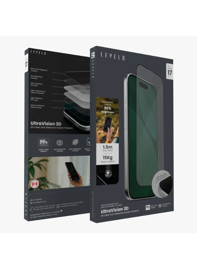 LEVELO iPhone 17 Pro UltraVision 3D AR 9H Screen Protector / 1.5m Drop Tested / 15Kg Impact-Resistant / Anti-Reflective Coating / Impact-Resistant Silicone Layer - Clear - Image 4