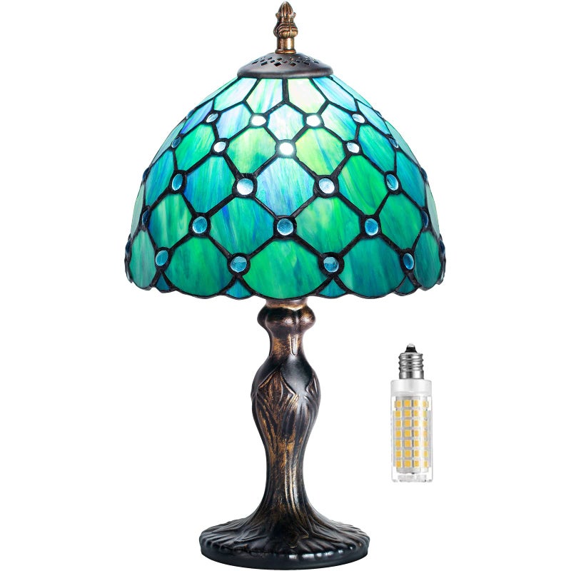 MIAOKE Vintage Tiffany Lamp - Flower Style Stained Glass Art Deco for Bedroom and Living Room - E27 Bulb Not Included (Green Beads) - Image 1