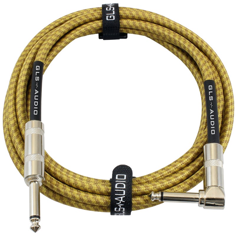 GLS Audio Instrument Cable - Amp Cord for Bass & Electric Guitar - Straight to Right Angle 1/4 Inch Instrument Cable - Black/Grey Braided Tweed, 10ft - Image 1