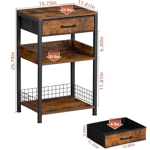 Lerliuo End Table with Fabric Drawer,3 Tier Industrial Wood Side Table with Storage,Modern Tall Printer Stand,Vintage Brown Nightstand,Rustic Bedside Tables for Living Room Bedroom Small Spaces - Image 5