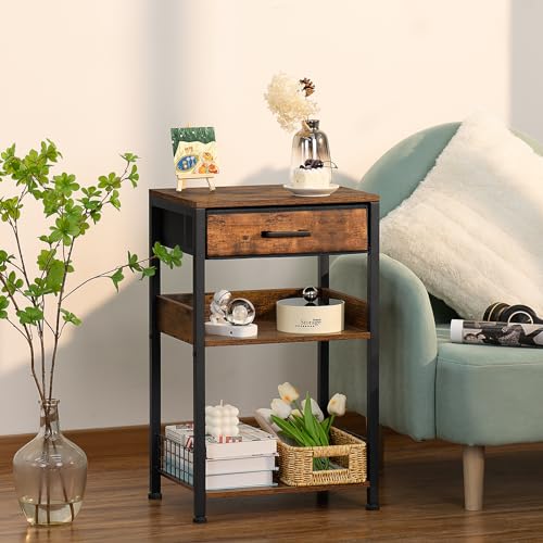 Lerliuo End Table with Fabric Drawer,3 Tier Industrial Wood Side Table with Storage,Modern Tall Printer Stand,Vintage Brown Nightstand,Rustic Bedside Tables for Living Room Bedroom Small Spaces - Image 2