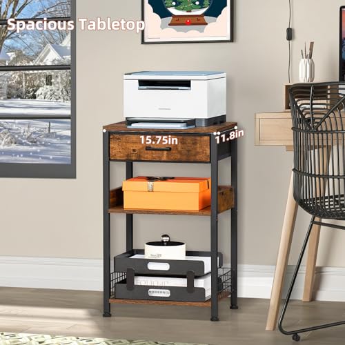 Lerliuo End Table with Fabric Drawer,3 Tier Industrial Wood Side Table with Storage,Modern Tall Printer Stand,Vintage Brown Nightstand,Rustic Bedside Tables for Living Room Bedroom Small Spaces - Image 3