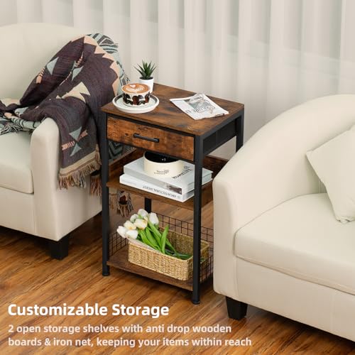 Lerliuo End Table with Fabric Drawer,3 Tier Industrial Wood Side Table with Storage,Modern Tall Printer Stand,Vintage Brown Nightstand,Rustic Bedside Tables for Living Room Bedroom Small Spaces - Image 4